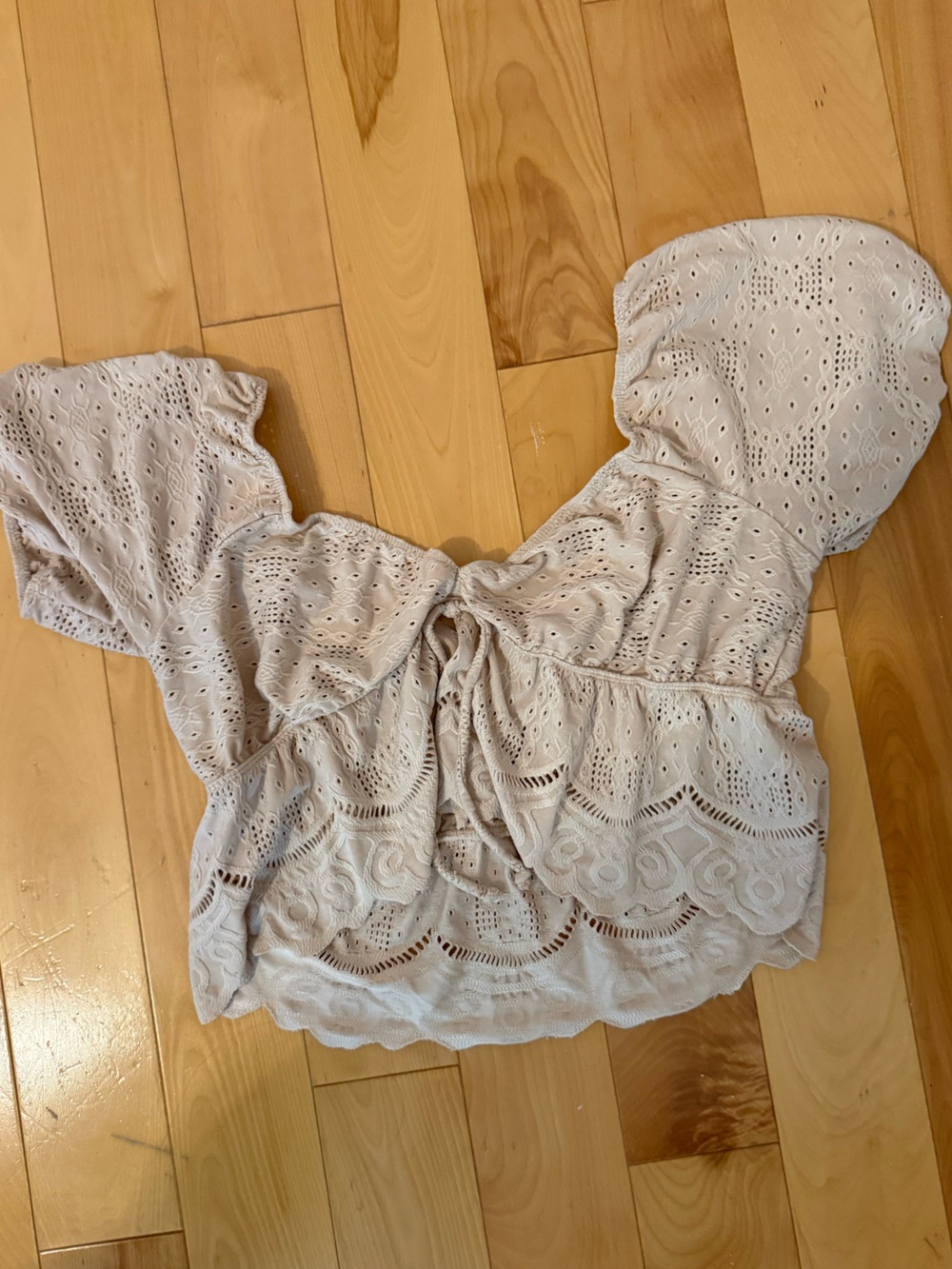 URBAN Romantics Beige Eyelet Tie-Front Off-Shoulder Crop Top
